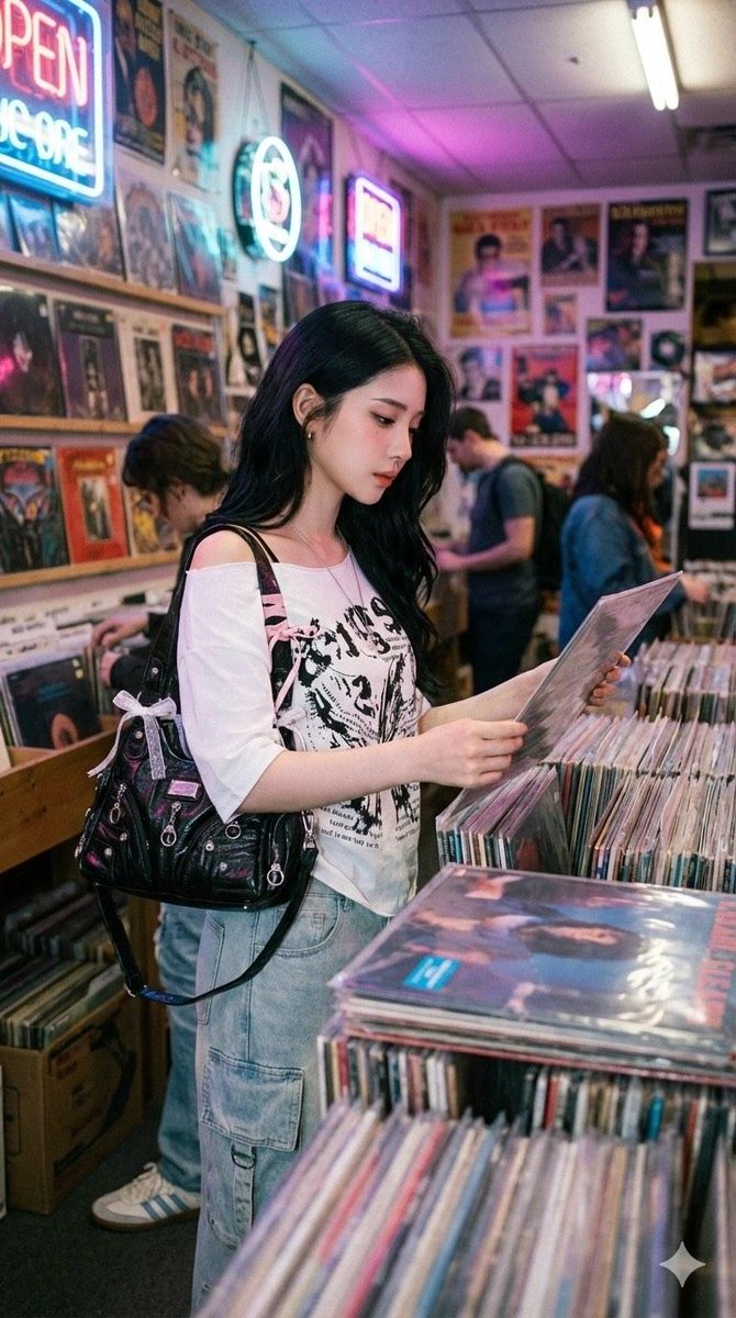 Y2K Girl in Neon Record Store