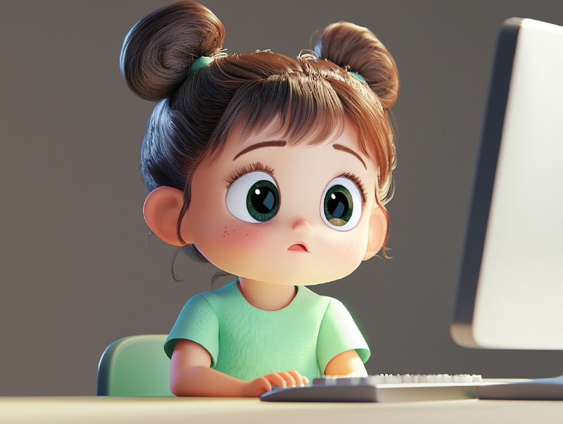 Two years old girl sit at the computer