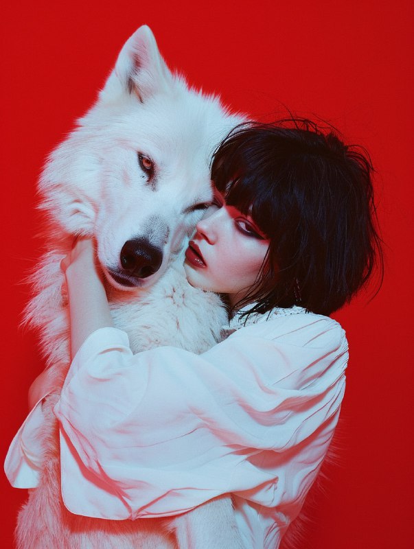 A girl hugging a white wolf