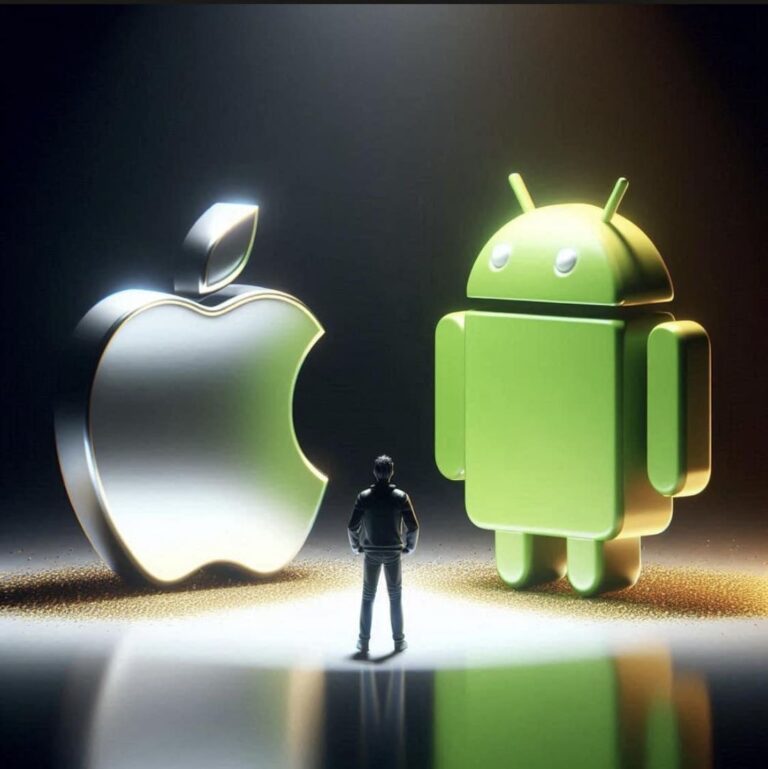 Metallic iPhone Apple logo next to the android logo