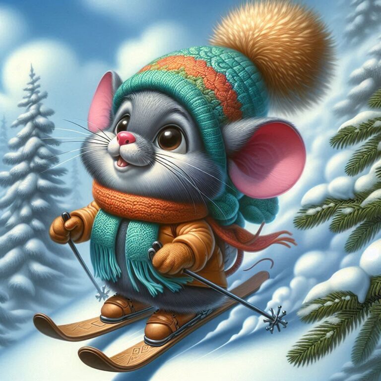 Funny Mouse Skis Down Snowy Hill