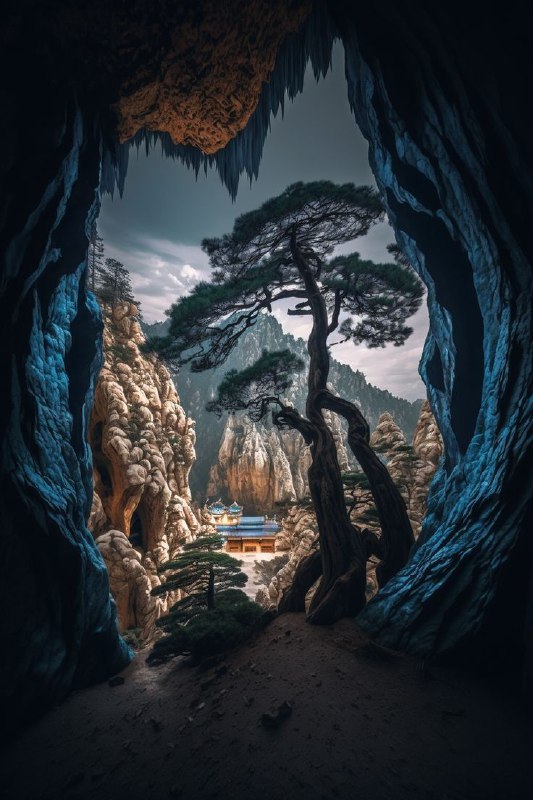 Ancient Chinese Cave Citadel Among Narrow Rocks and Pines