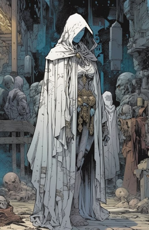 Hooded witch in white robes, hidden face