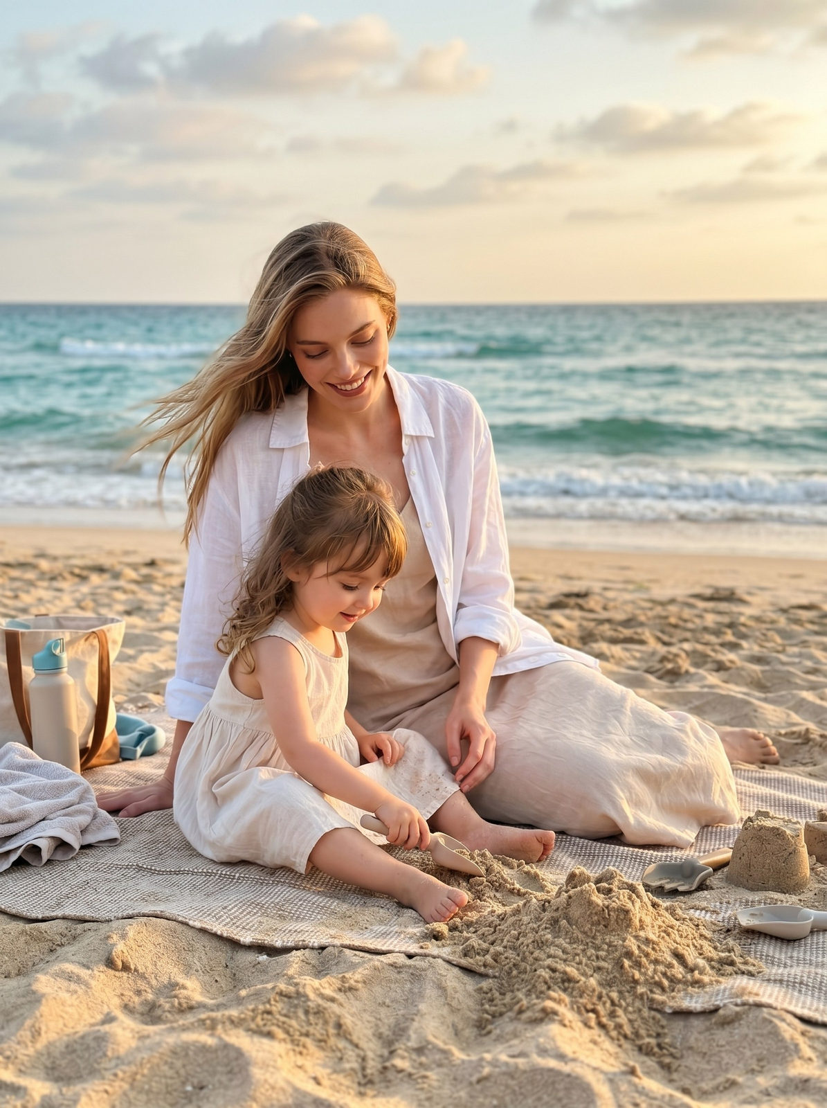 Realistic Beach Moment Mother Daughter