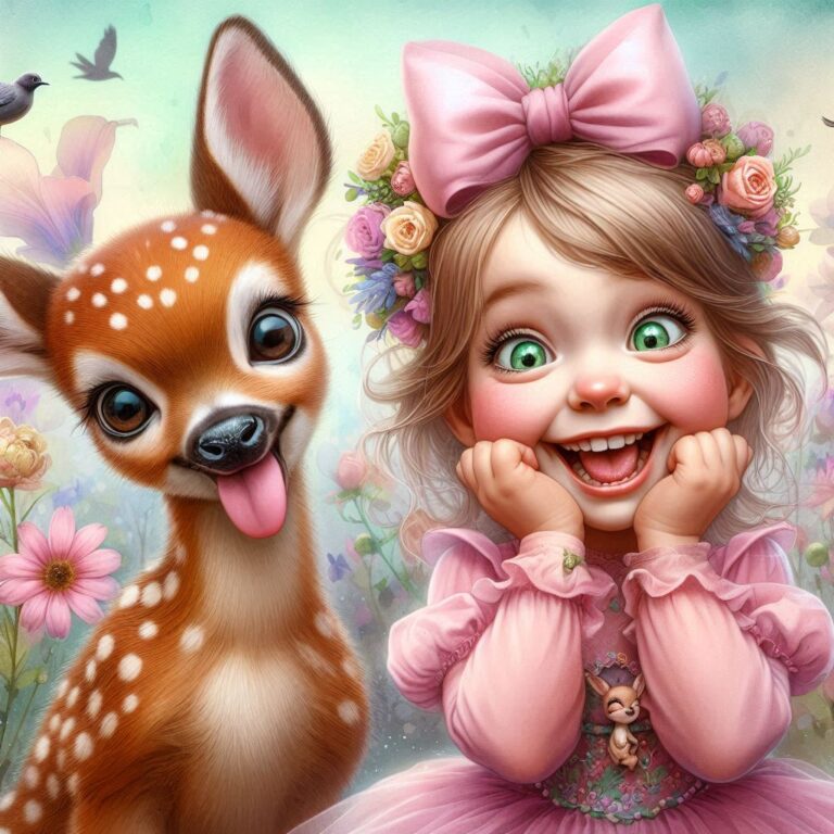 little girl in fairy costumes and her cute happy fawn