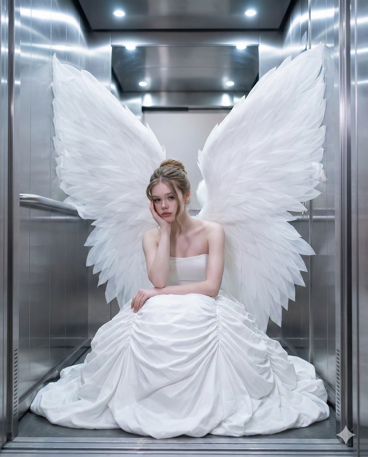 Ethereal Wings in Modern Elevator