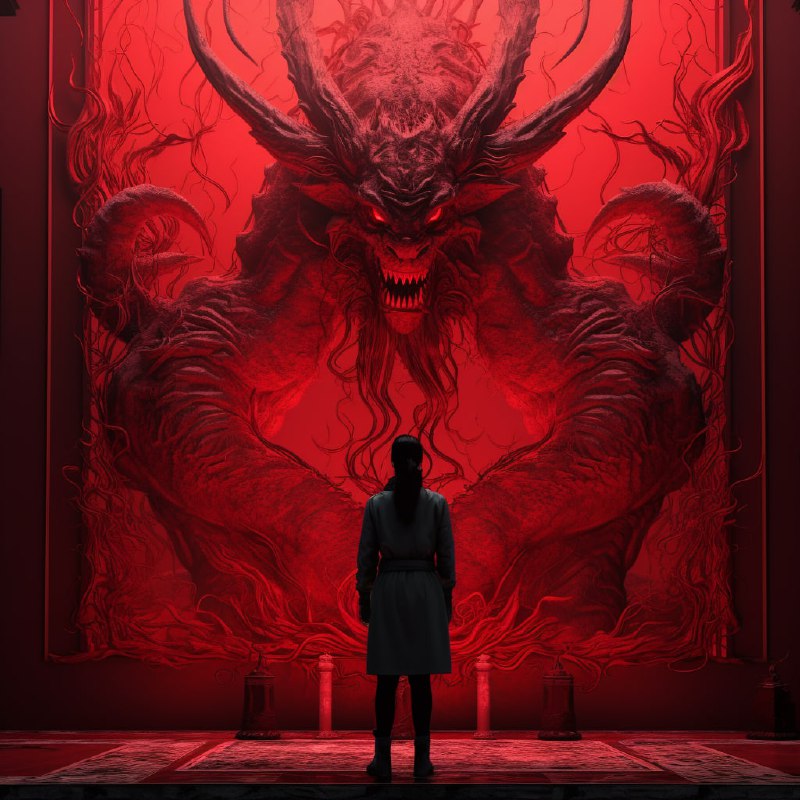 Female Demon Behind Red Screen Ominous Poster Art