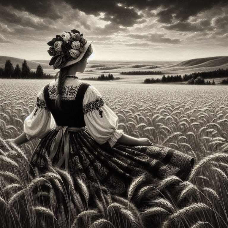 Girl in traditional costume at the edge of a wheat field
