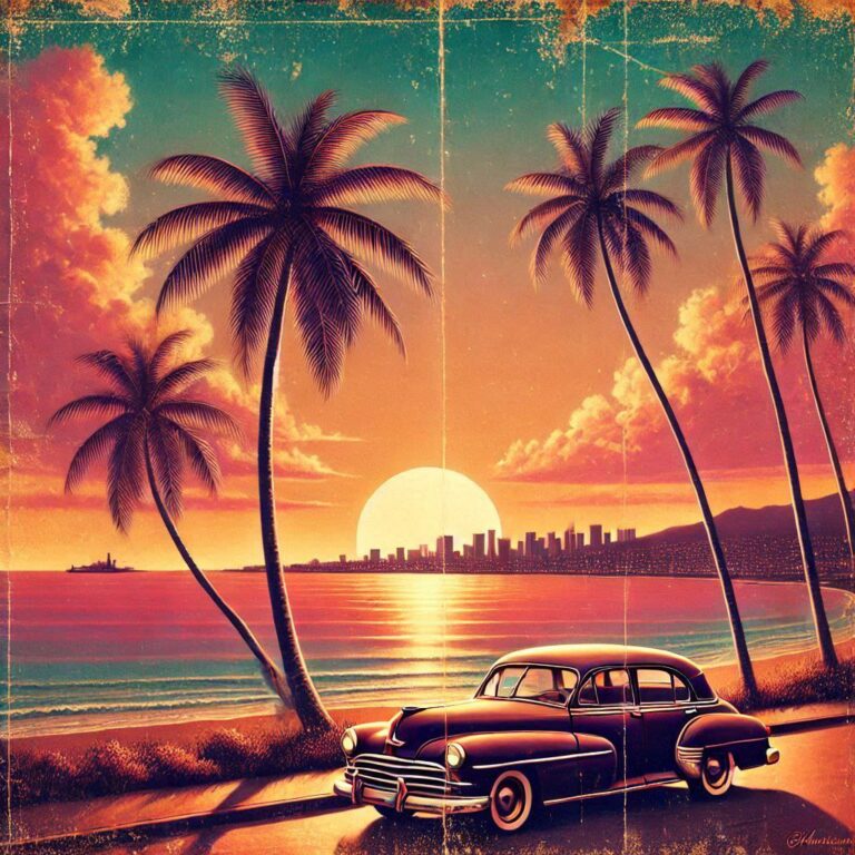 Vintage Hawaiian Sunset with Palm Trees