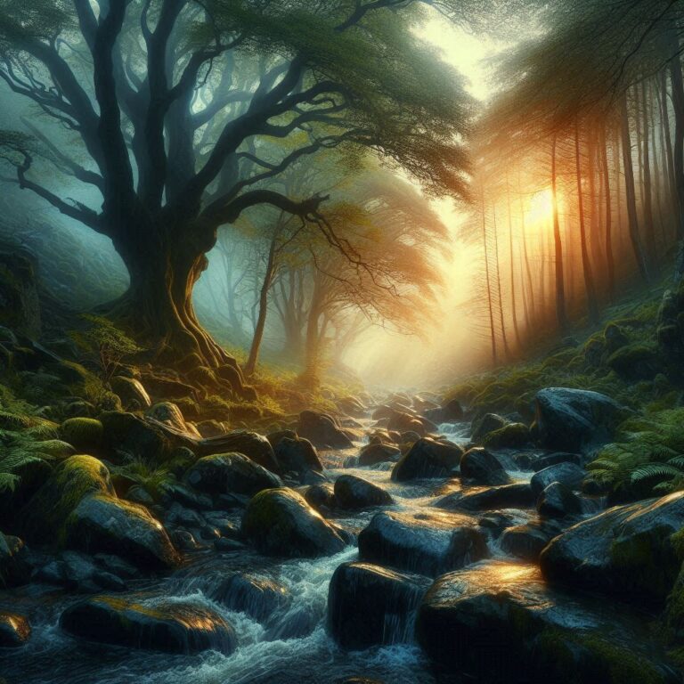 An ancient forest, rocky stream