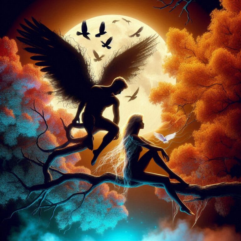 Angel and nymph perched on a branch