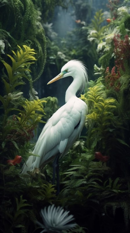 White bird sitting next to plants in a fern