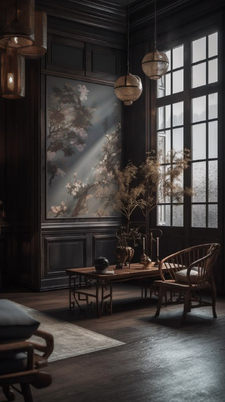 A large room with chinese interior decor