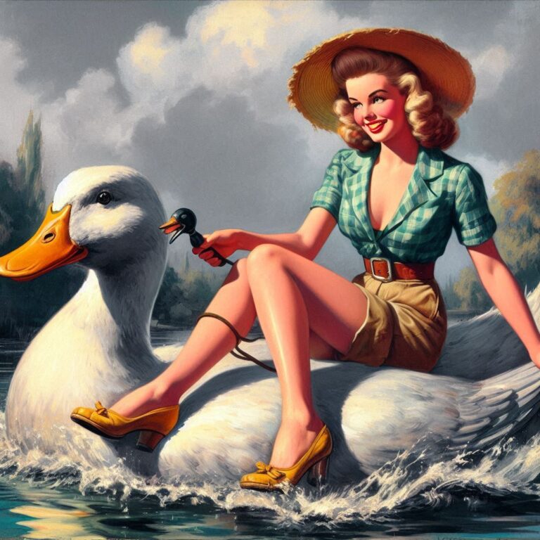 A young woman riding a duck in 1950
