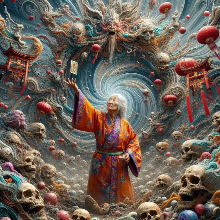 Elderly Chinese woman throwing tarot cards