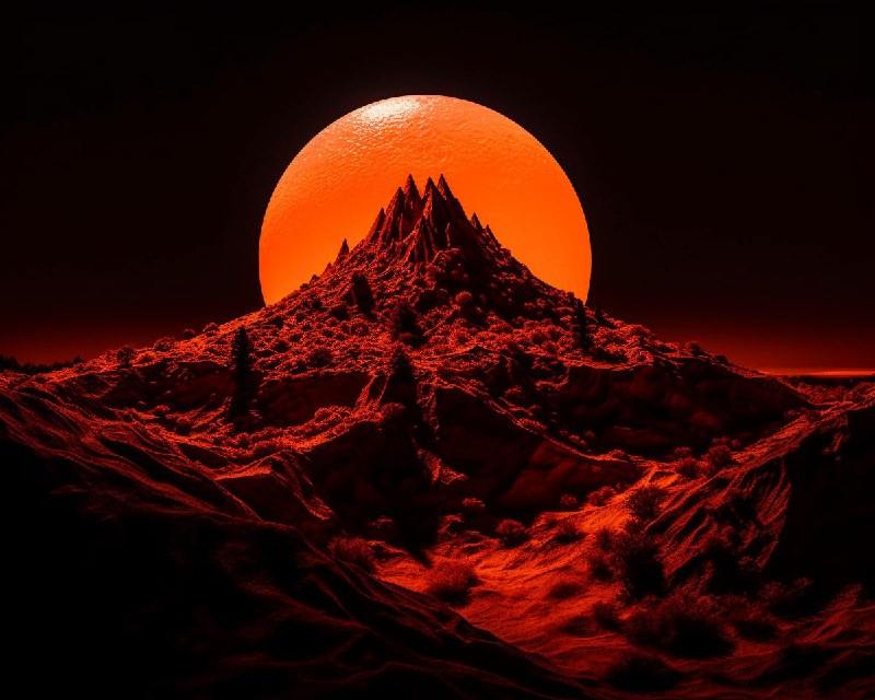 Fluorescent Orange Plastic Moon Over Blacklight Landscape