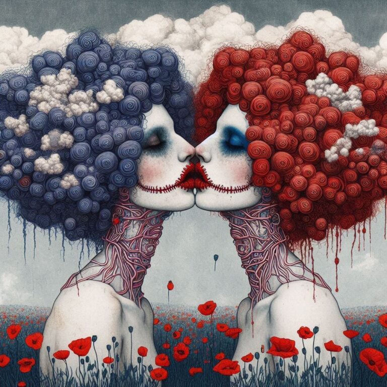 Grotesque Red-Haired Women Kissing Among Blue Poppies