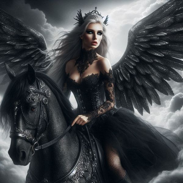 Gothic Angel With Black Wings Riding Winged Horse