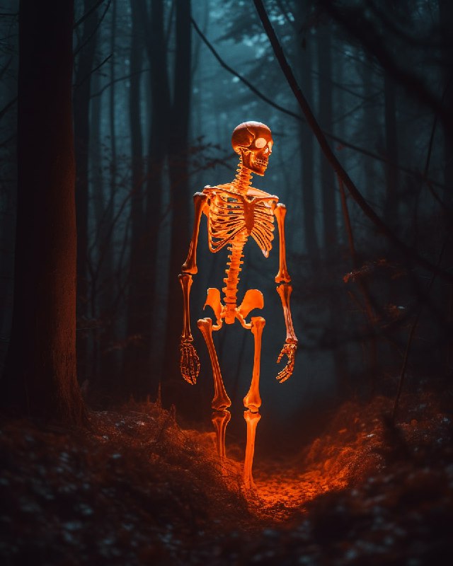 Orange plastic skeleton in the haunted fores