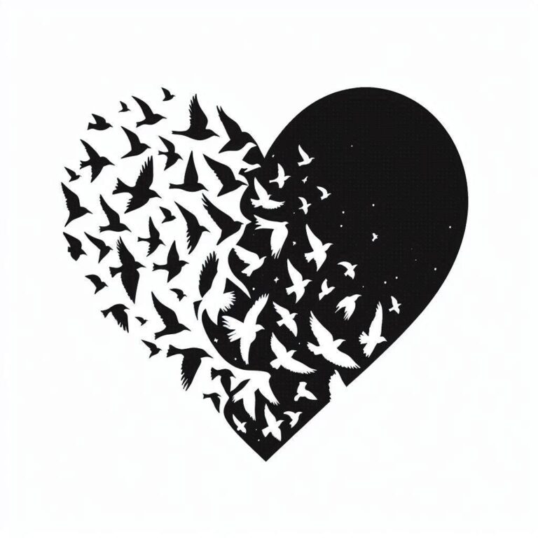 Black Heart Silhouette With White Birds in Flight