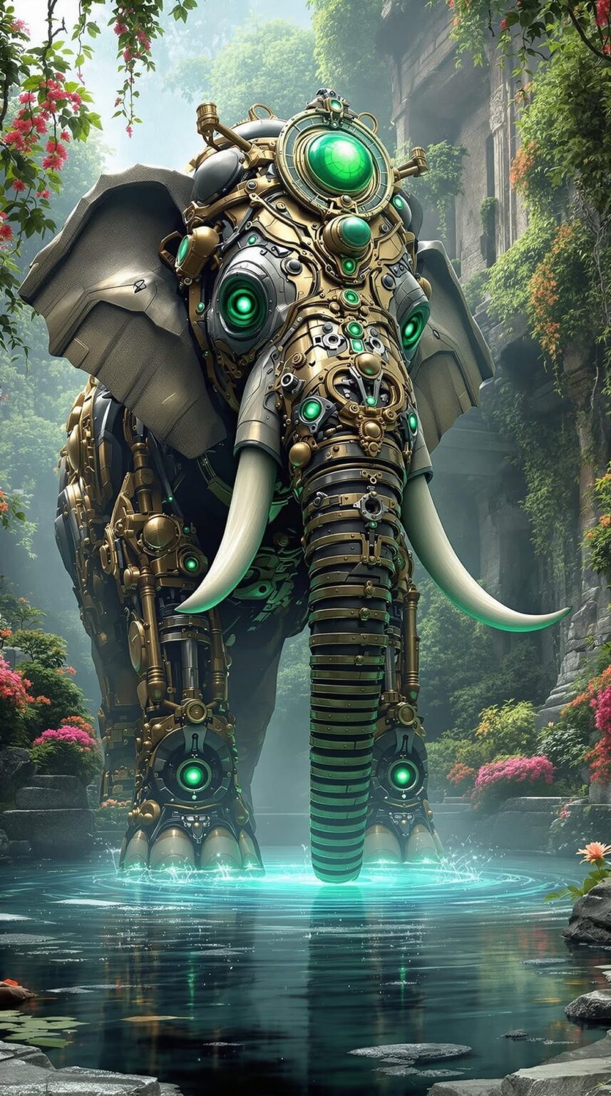 Massive Steampunk Elephant Stepping into Water