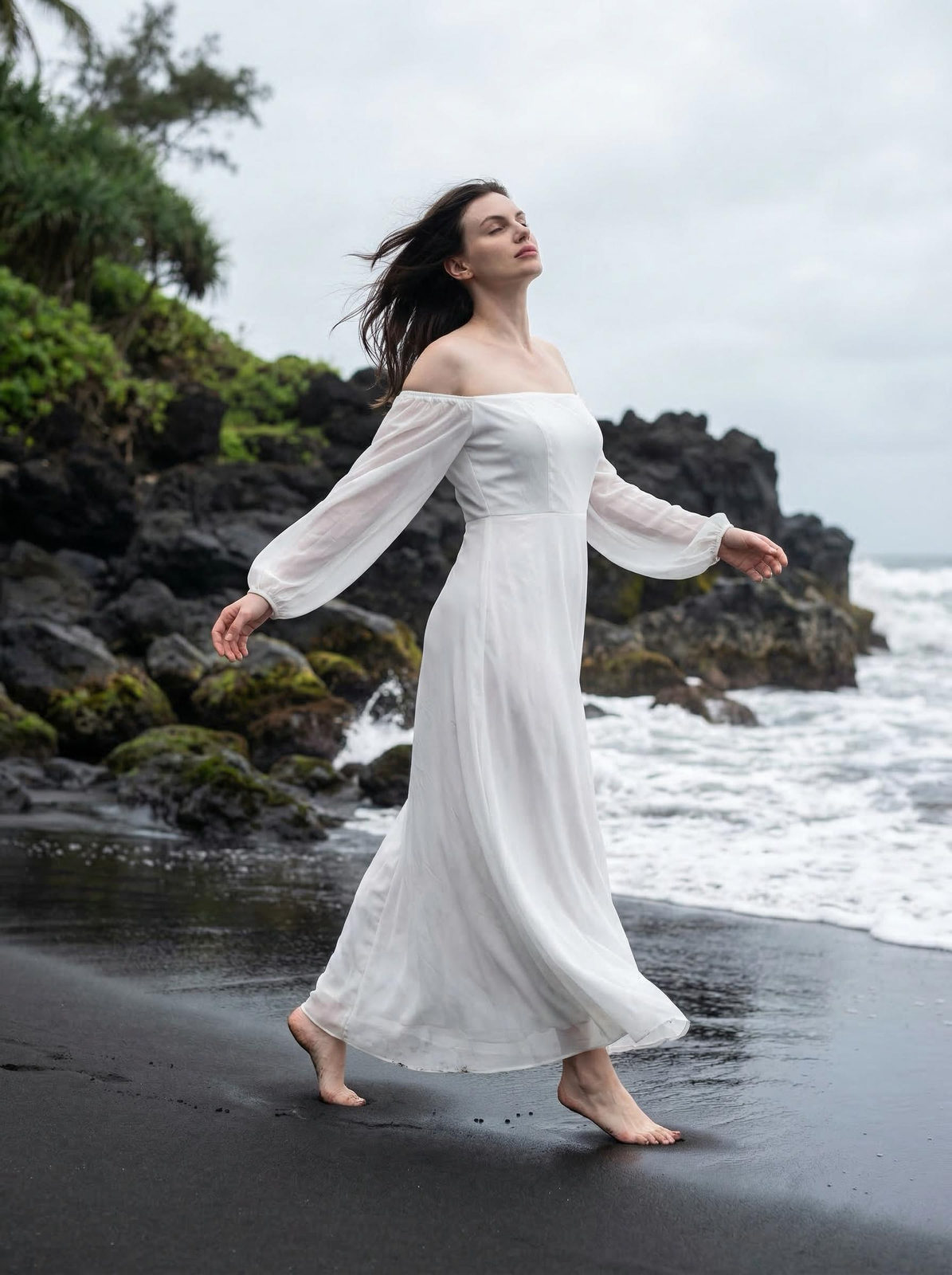 White Dress on Black Sand