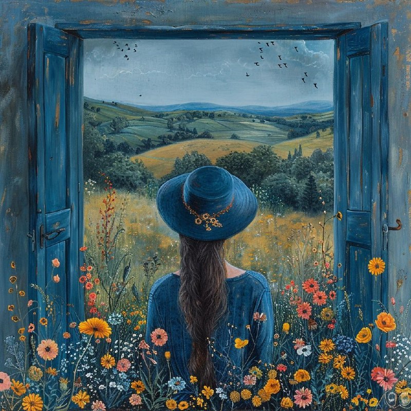 Dreamy Blue Door Woman Illustration