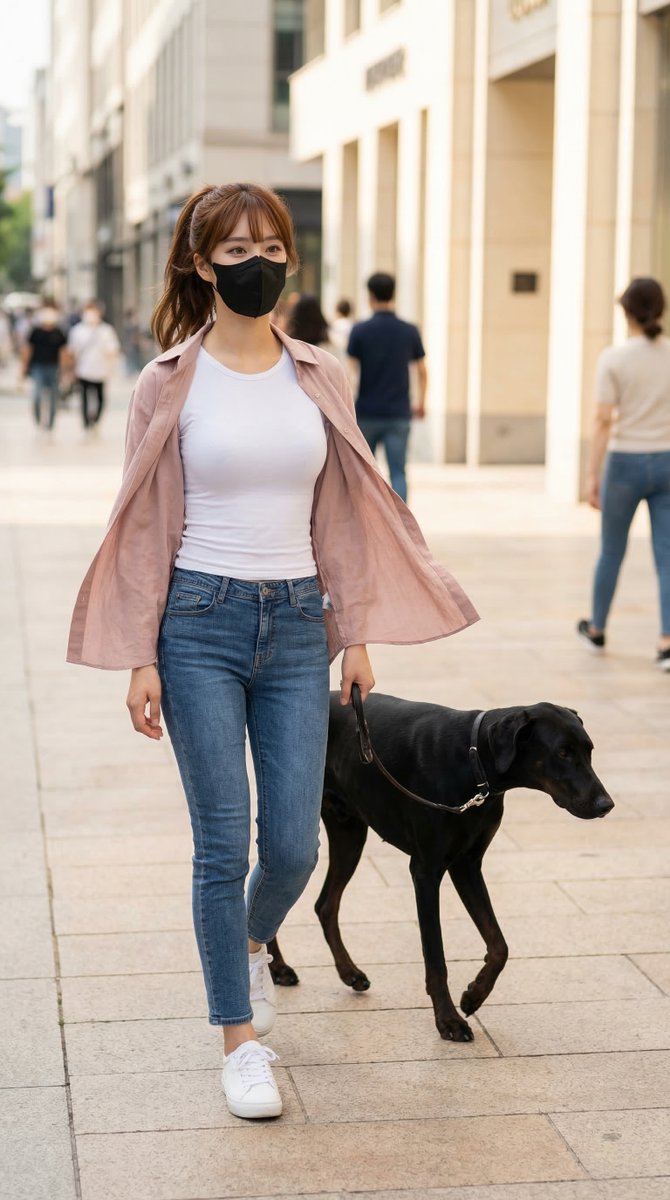 Korean Girl Walking Black Dog