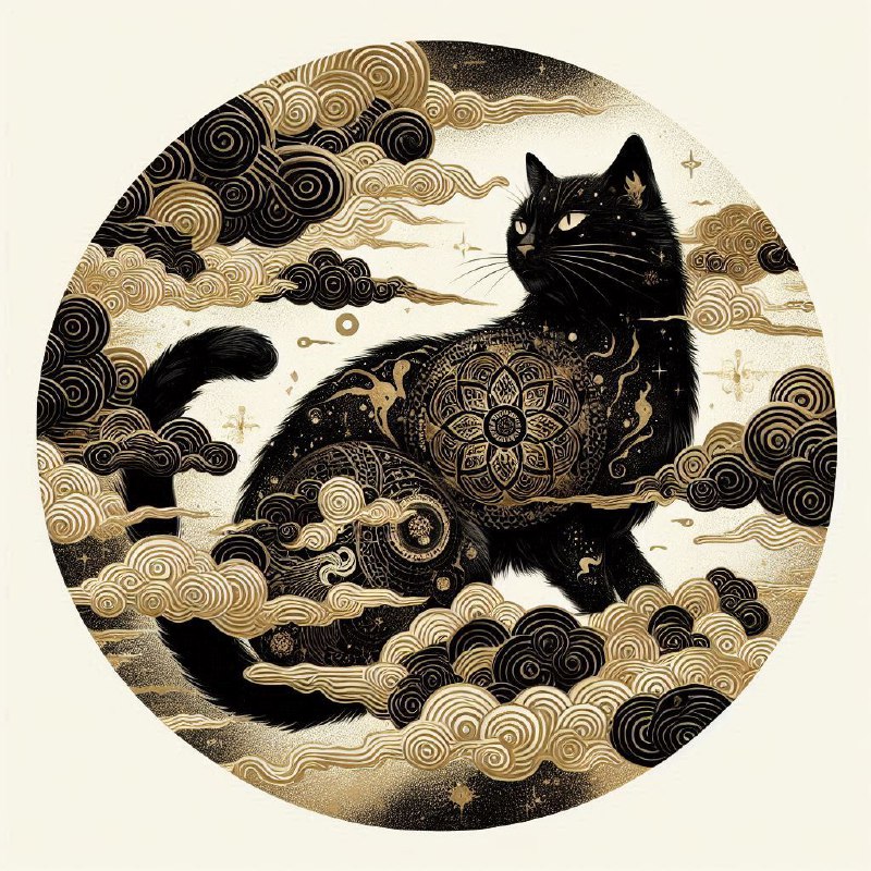 Mystical Black Cat Ink Painting