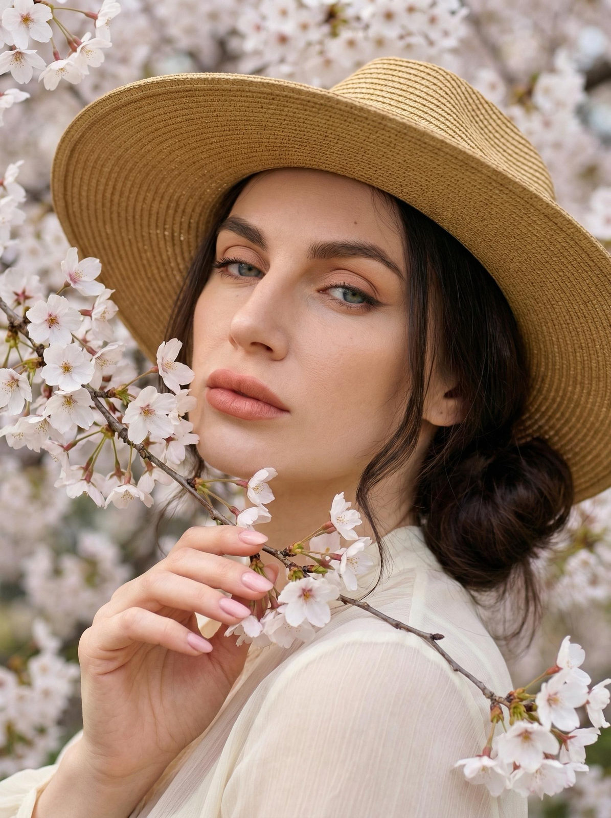 Cherry Blossom Portrait in Straw Hat
