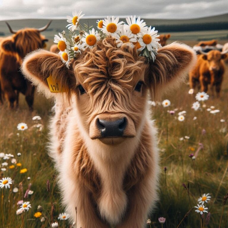 Highland Calf With Daisy Crown in Wild Cow Field