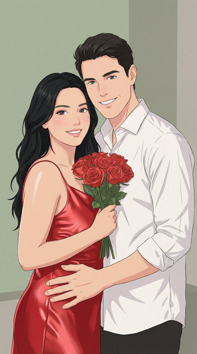 Soft Anime Couple Red Satin Illustration