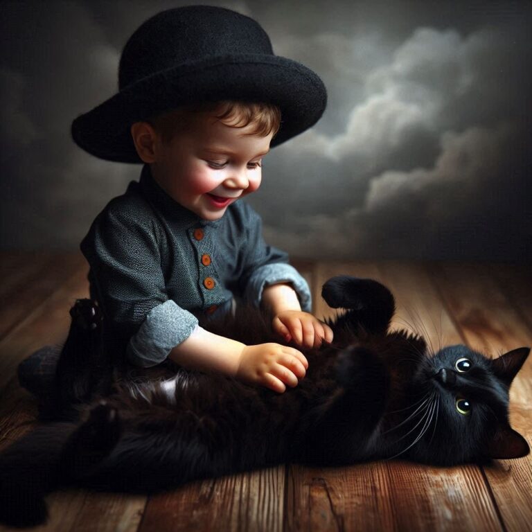 Little black cat having his tummy tickled