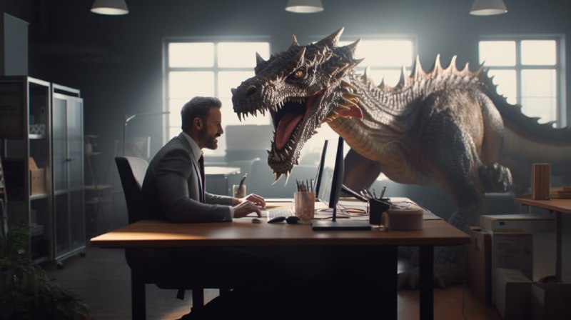 Businessman Fighting Dragon in Office Concept Art
