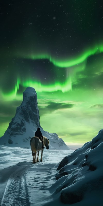 Northern lights over the snowy icelandic horse