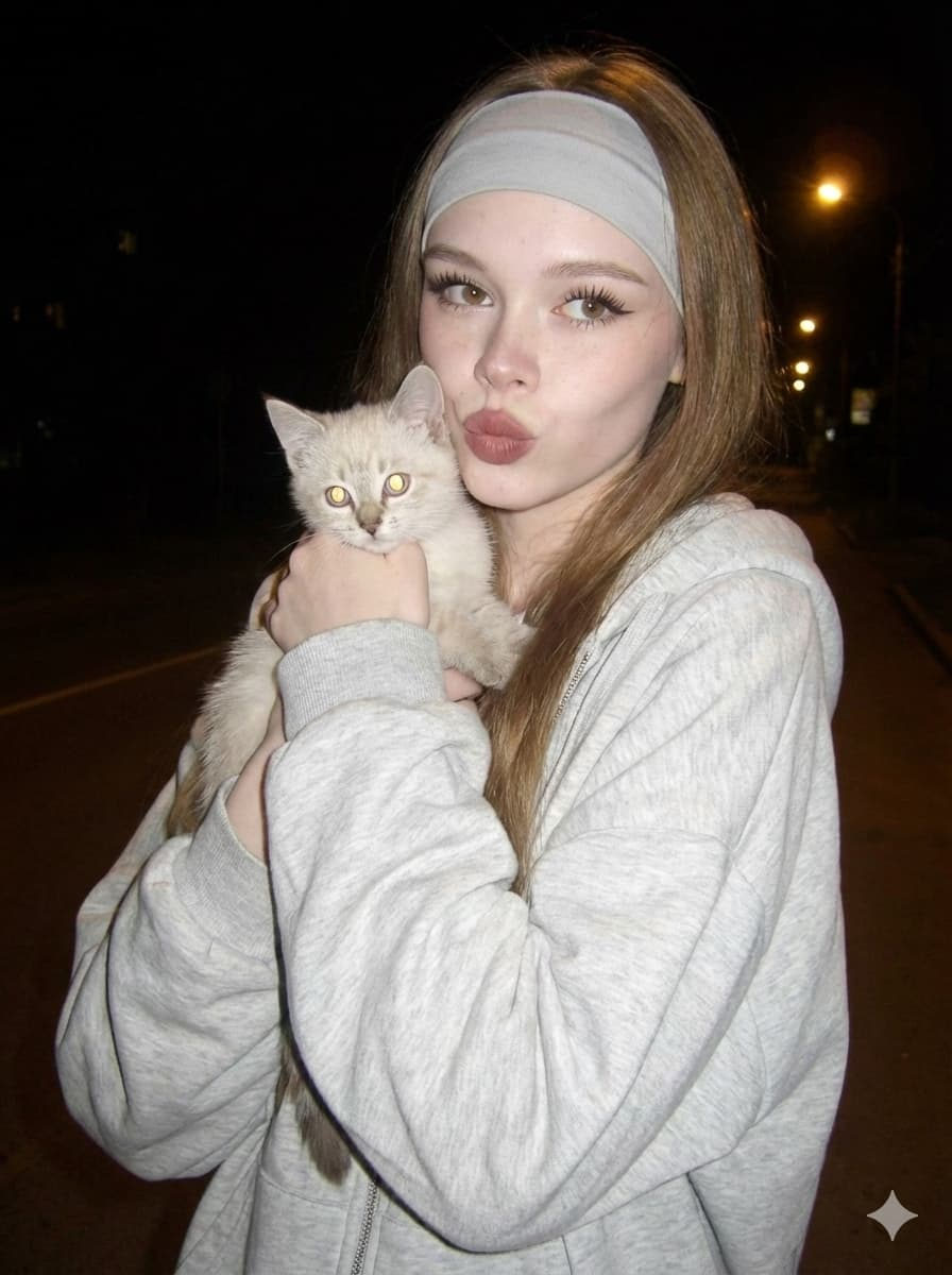Y2K Flash Girl Holding Kitten
