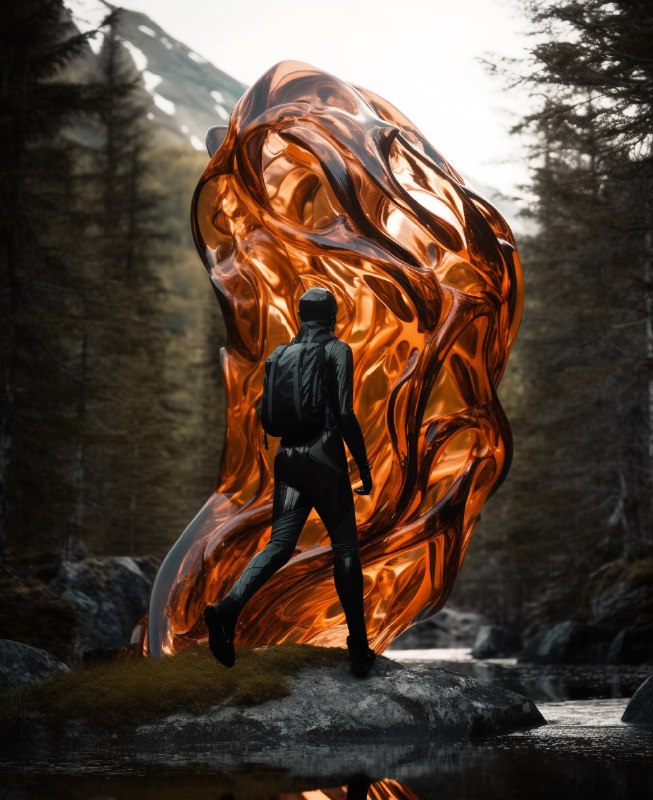 Glass-Like Sculpture Figure Walking Norwegian Mountains