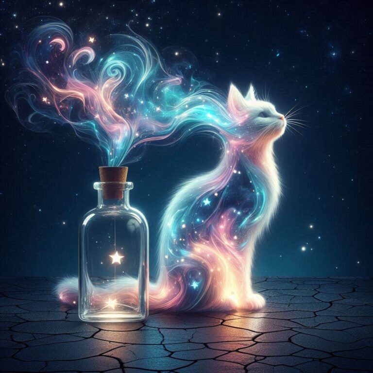 Magical glowing energy particles in shape of a cat