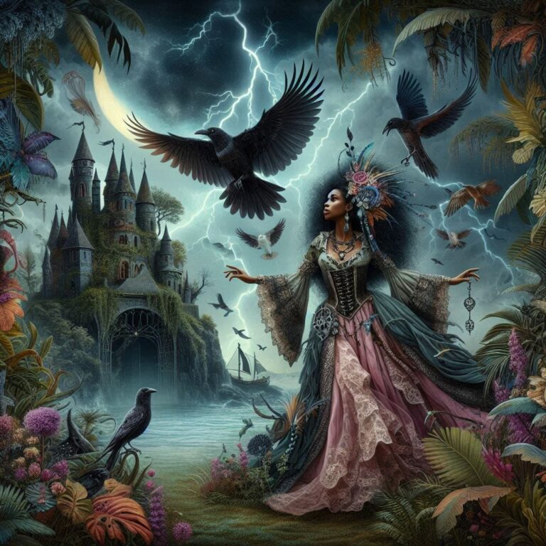 Gothic-Bohemian woman emerging from a tropical