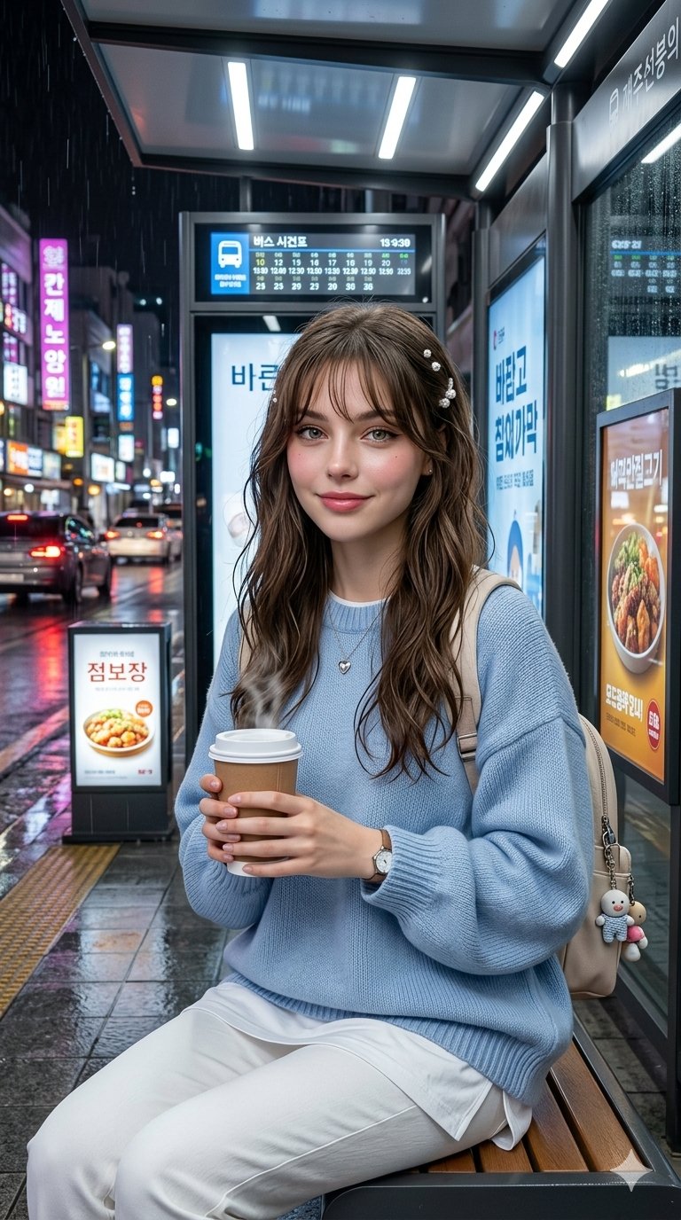 Korean Beauty Rainy Bus Stop Night