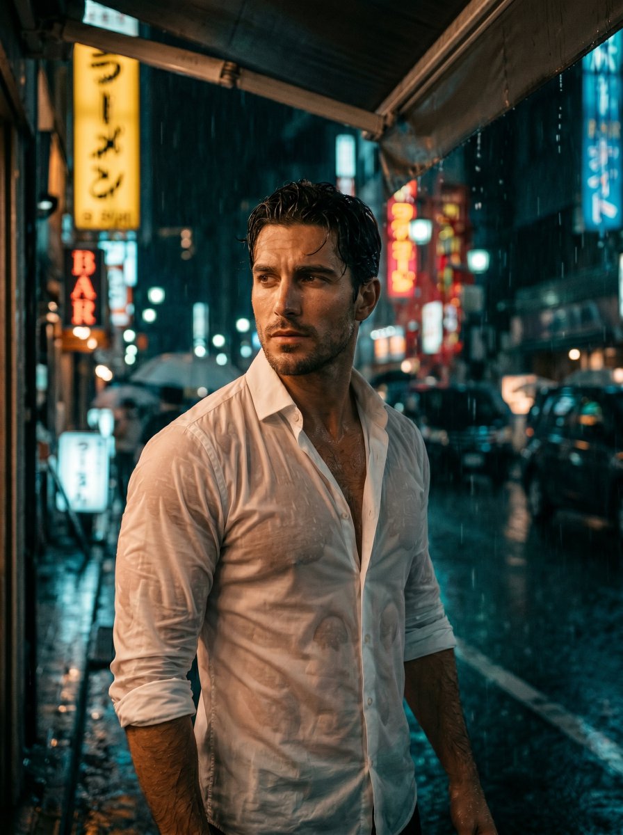 Neon Rain Night Cinematic Portrait