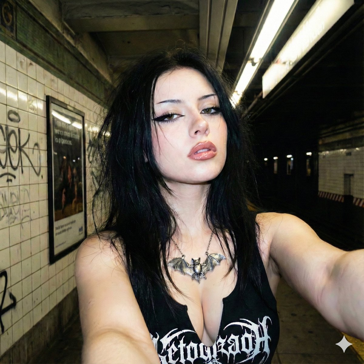 Goth Girl Subway Flash Selfie