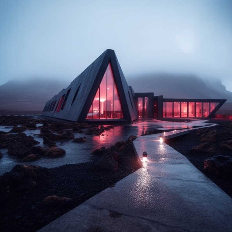 A red glass and black metal hotel