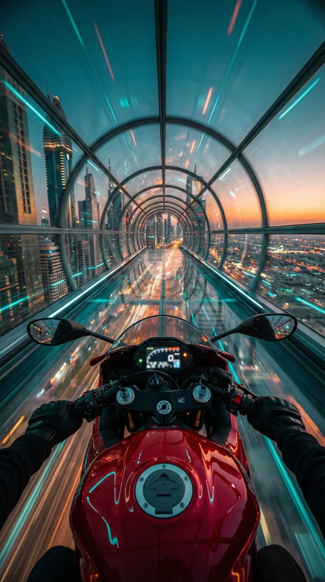 Red Motorcycle Rides Cyberpunk Skyway