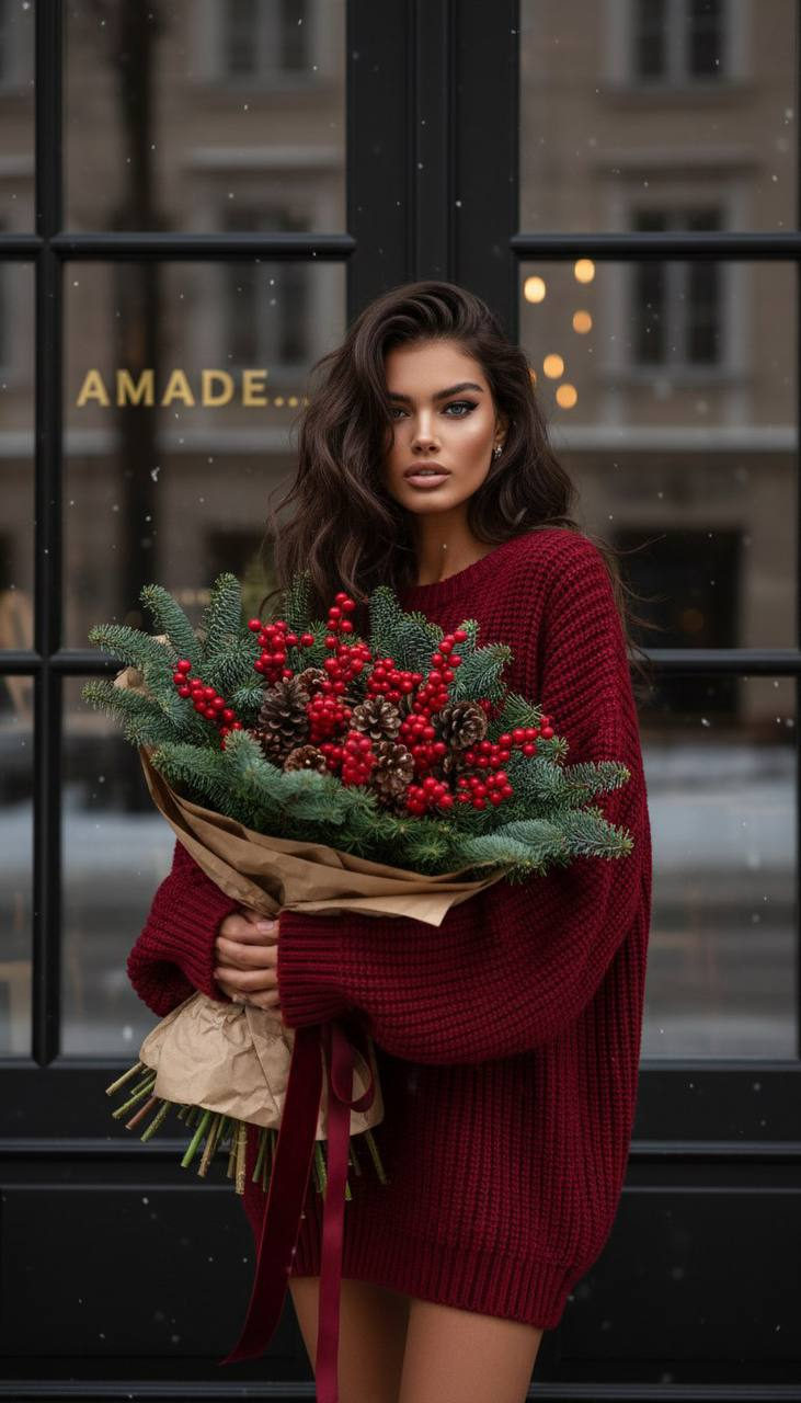 Winter Café Portrait with Festive Bouquet