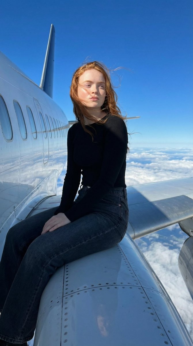 Woman Sitting On Airplane Above Clouds