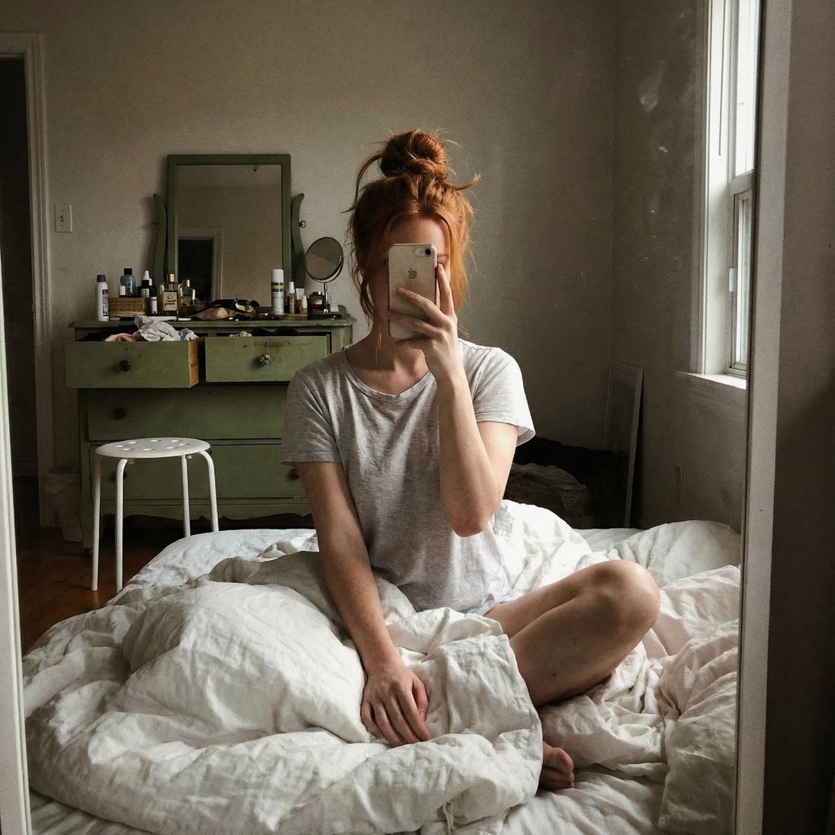 Messy Boho Bedroom Mirror Selfie