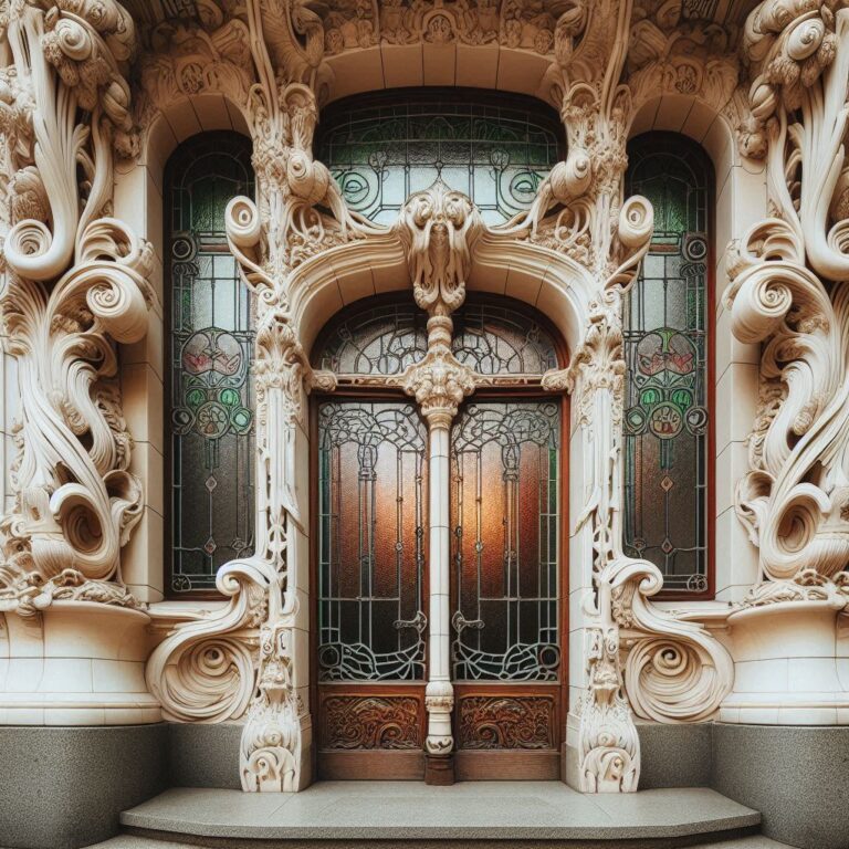 Ornate Art Nouveau Doorway With Stained Glass Carvings