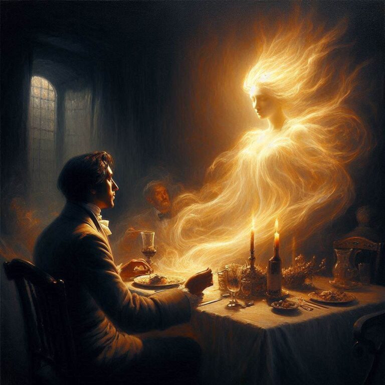 Baroque-style oil painting depicting a dimly lit dinner