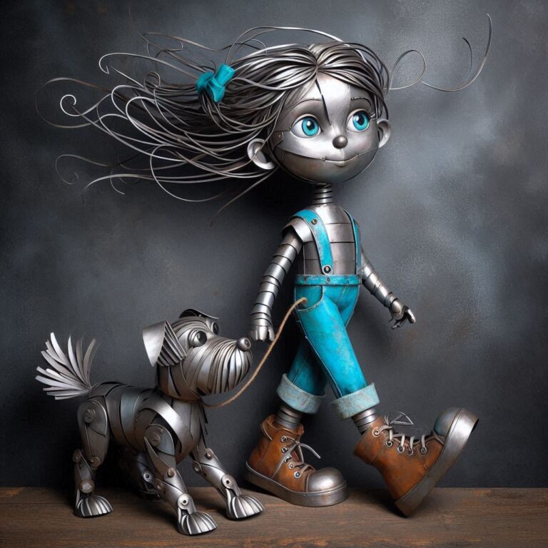 Metal art, steampunk-style woman walking